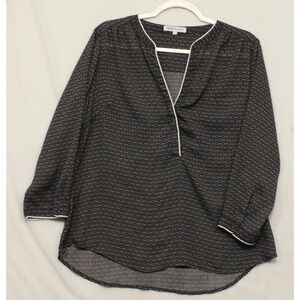 Heartloom Popover Blouse Women L Long Sleeve Piping Black White Pocket Office